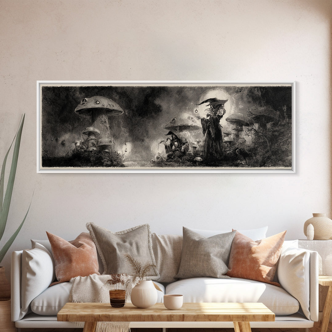 The Moonlit Mushroom Village, Symbolist Dream Art, Extra Wide Wall Art, Gothic Horror Wall Art, Canvas Print, Halloween Wall Art