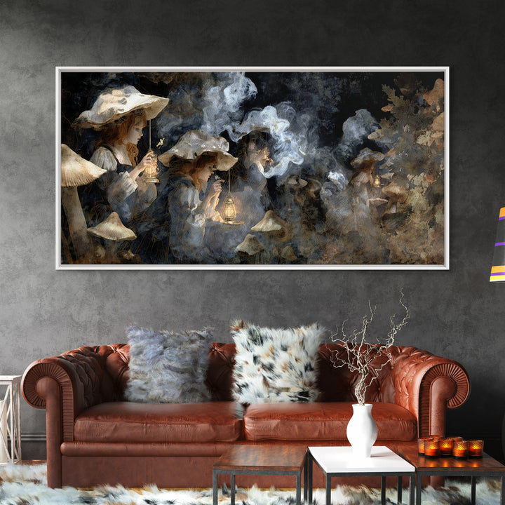 The Moonlit Mushroom Village, Symbolist Gothic Landscape, Wide Panoramic Art, Dark Fantasy Wall Art, Canvas Print, Halloween Wall Art
