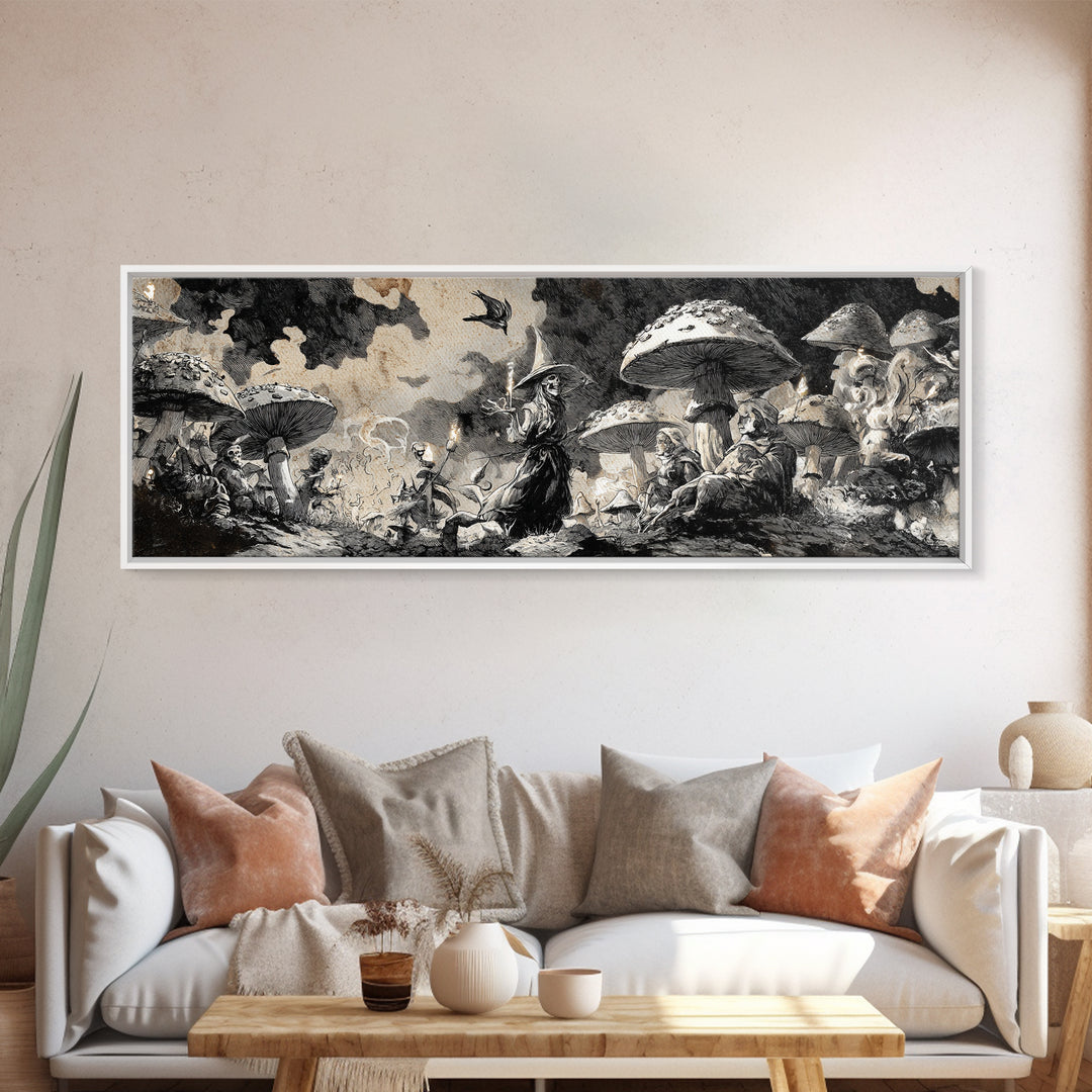 The Moonlit Mushroom Village, Decadent Gothic Art, Extra Wide Wall Art, Dark Halloween Decor, Framed Canvas Print, Halloween Wall Art