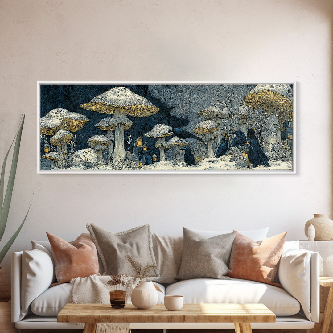The Moonlit Mushroom Village, Symbolist Death Art, Extra Wide Wall Art, Macabre Wall Art, Framed Canvas Print, Halloween Wall Art