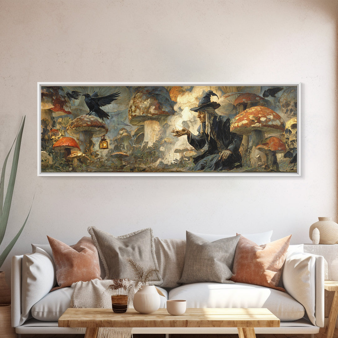 The Moonlit Mushroom Village, Symbolist Etching Art, Extra Wide Wall Art, Gothic Horror Wall Art, Canvas Print, Halloween Wall Art