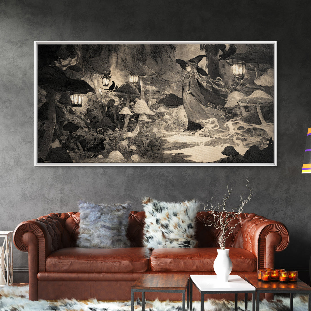 The Moonlit Mushroom Village, Expressionist Nightmare Art, Wide Panoramic Art, Gothic Horror Wall Art, Canvas Print, Halloween Wall Art