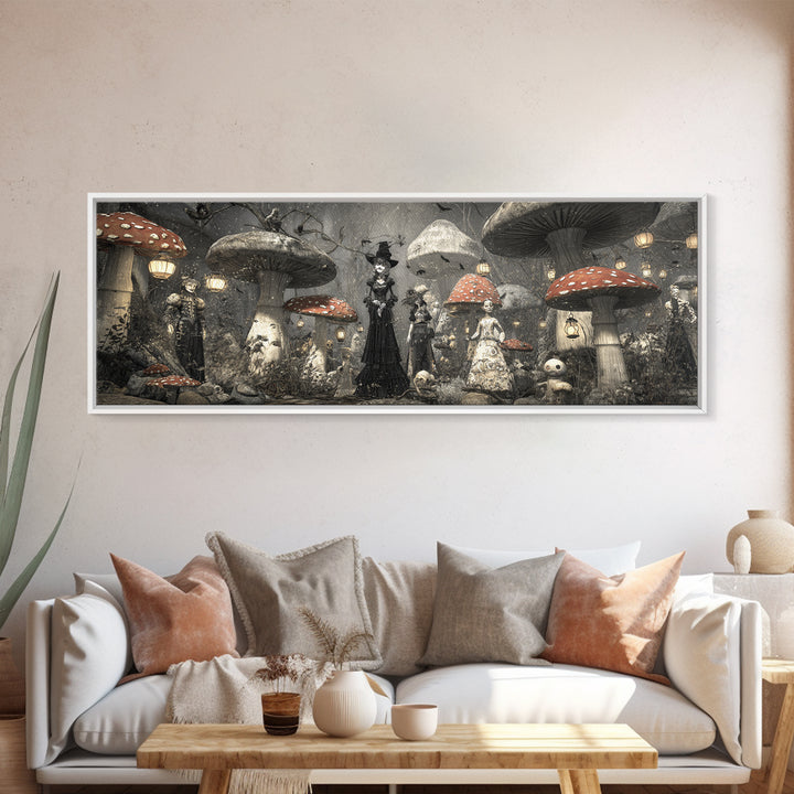 The Moonlit Mushroom Village, Expressionist Gothic Art, Extra Wide Wall Art, Dark Fantasy Wall Art, Framed Canvas Print, Halloween Wall Art