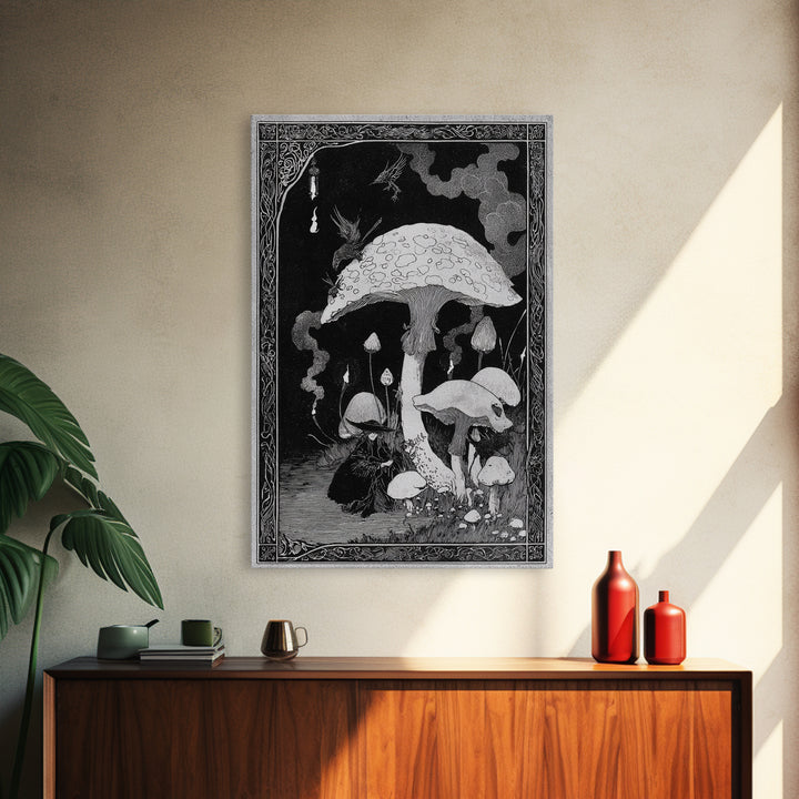 The Moonlit Mushroom Village, Decadent Line Art, Vertical Wall Art, Macabre Wall Art, Framed Canvas Print, Halloween Wall Art