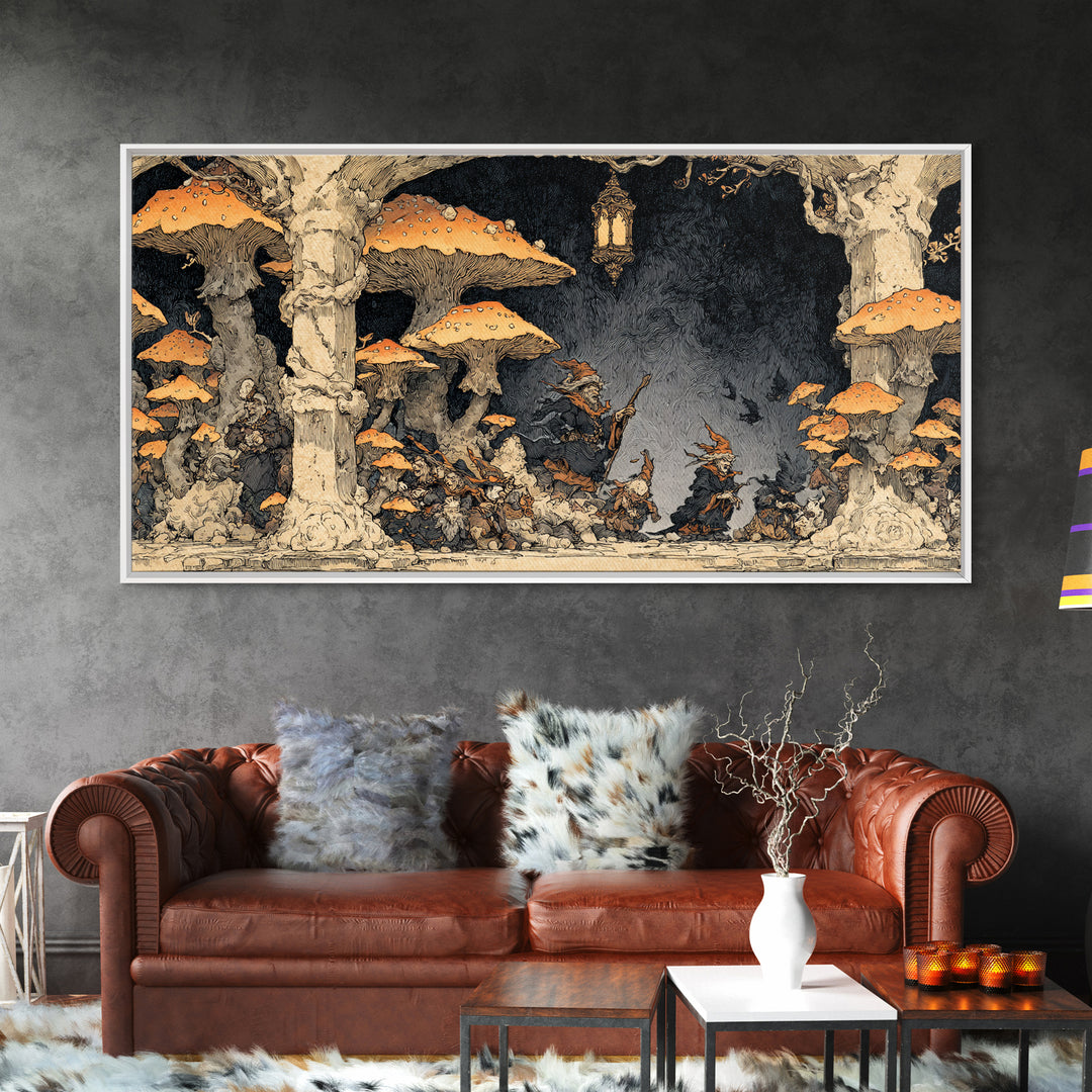 The Moonlit Mushroom Village, Gothic Storybook Art, Wide Panoramic Art, Gothic Horror Wall Art, Canvas Print, Halloween Wall Art