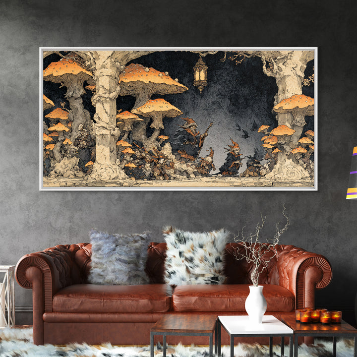 The Moonlit Mushroom Village, Gothic Storybook Art, Wide Panoramic Art, Gothic Horror Wall Art, Canvas Print, Halloween Wall Art