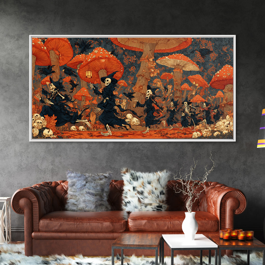 The Moonlit Mushroom Village, Macabre Folk Print Art, Wide Panoramic Art, Dark Halloween Decor, Framed Canvas Print
