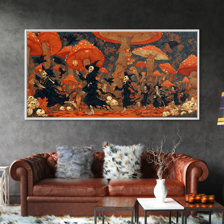 The Moonlit Mushroom Village, Macabre Folk Print Art, Wide Panoramic Art, Dark Halloween Decor, Framed Canvas Print
