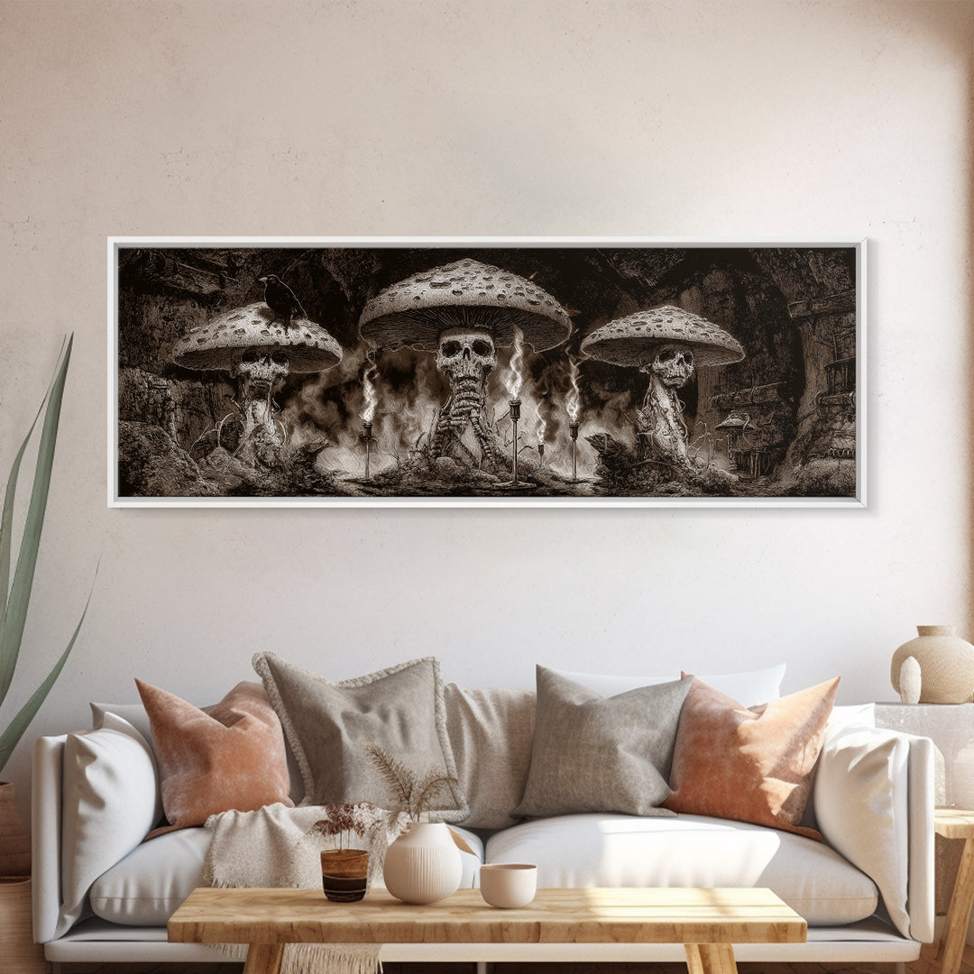 The Moonlit Mushroom Village, Biomechanical Horror Art, Extra Wide Wall Art, Gothic Horror Wall Art, Canvas Print, Halloween Wall Art
