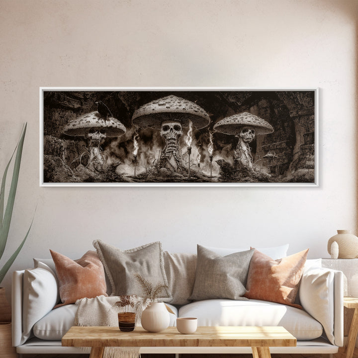 The Moonlit Mushroom Village, Biomechanical Horror Art, Extra Wide Wall Art, Gothic Horror Wall Art, Canvas Print, Halloween Wall Art