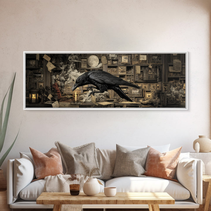 The Raven Post Office, Medieval Grotesque Art, Extra Wide Wall Art, Dark Halloween Decor, Framed Canvas Print, Halloween Wall Art