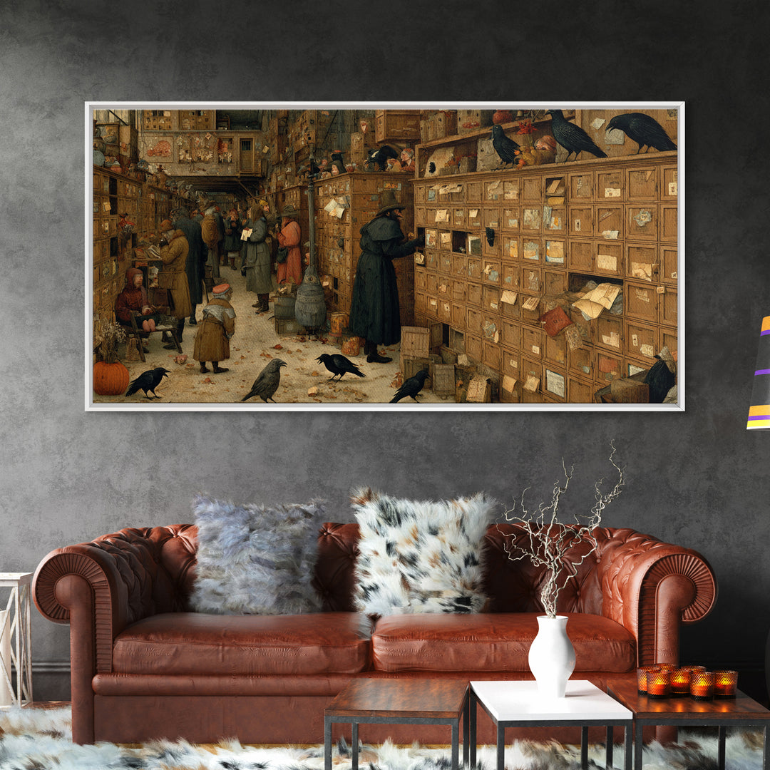 The Raven Post Office, Northern Renaissance Horror, Wide Panoramic Art, Dark Fantasy Wall Art, Framed Canvas Print