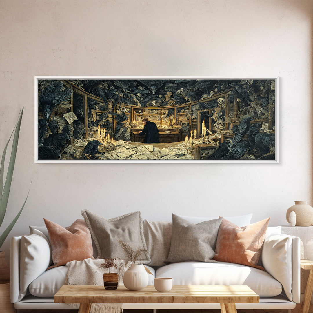 The Raven Post Office, Dark Renaissance Art, Extra Wide Wall Art, Gothic Horror Wall Art, Framed Canvas Print, Halloween Wall Art