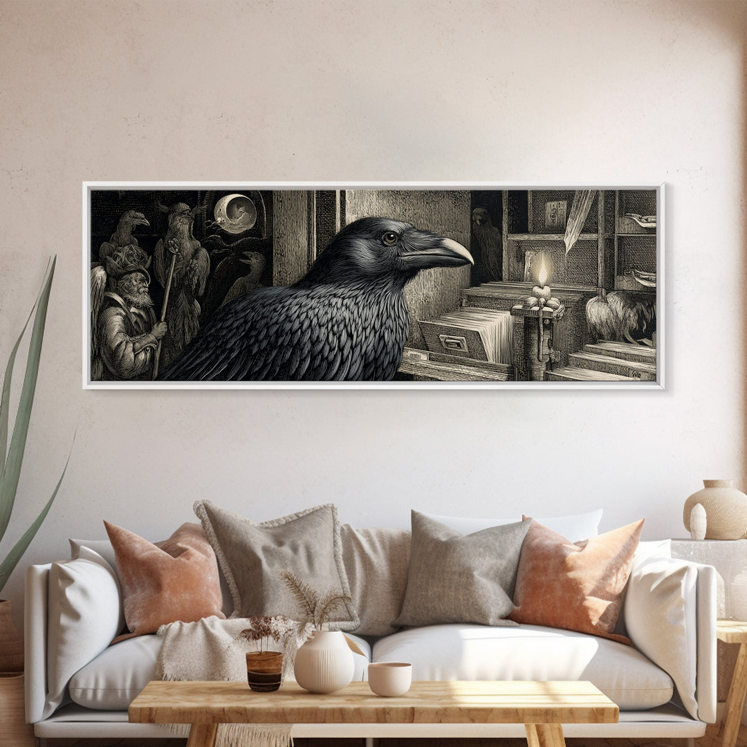 The Raven Post Office, Renaissance Engraving Art, Extra Wide Wall Art, Gothic Horror Wall Art, Framed Canvas Print, Halloween Wall Art