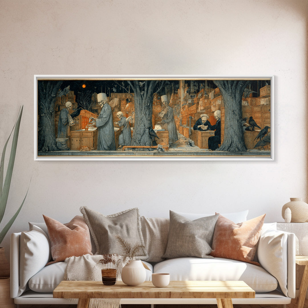 The Raven Post Office, Danse Macabre Art, Extra Wide Wall Art, Dark Fantasy Wall Art, Canvas Print, Halloween Wall Art