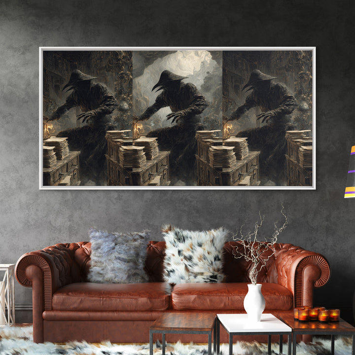 The Raven Post Office, Baroque Witchcraft Art, Wide Panoramic Art, Macabre Wall Art, Framed Canvas Print, Halloween Wall Art