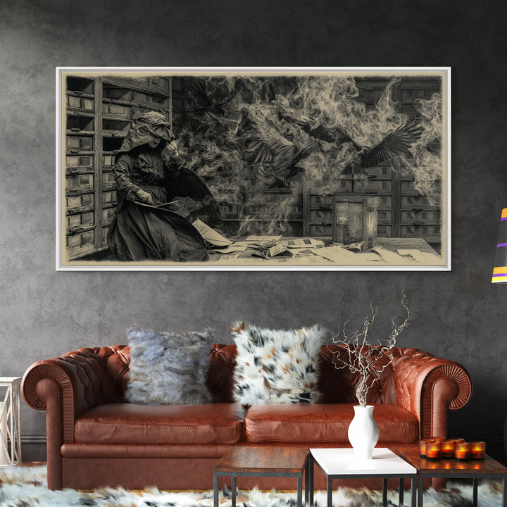The Raven Post Office, Dark Romantic Horror Art, Wide Panoramic Art, Dark Fantasy Wall Art, Canvas Print, Halloween Wall Art