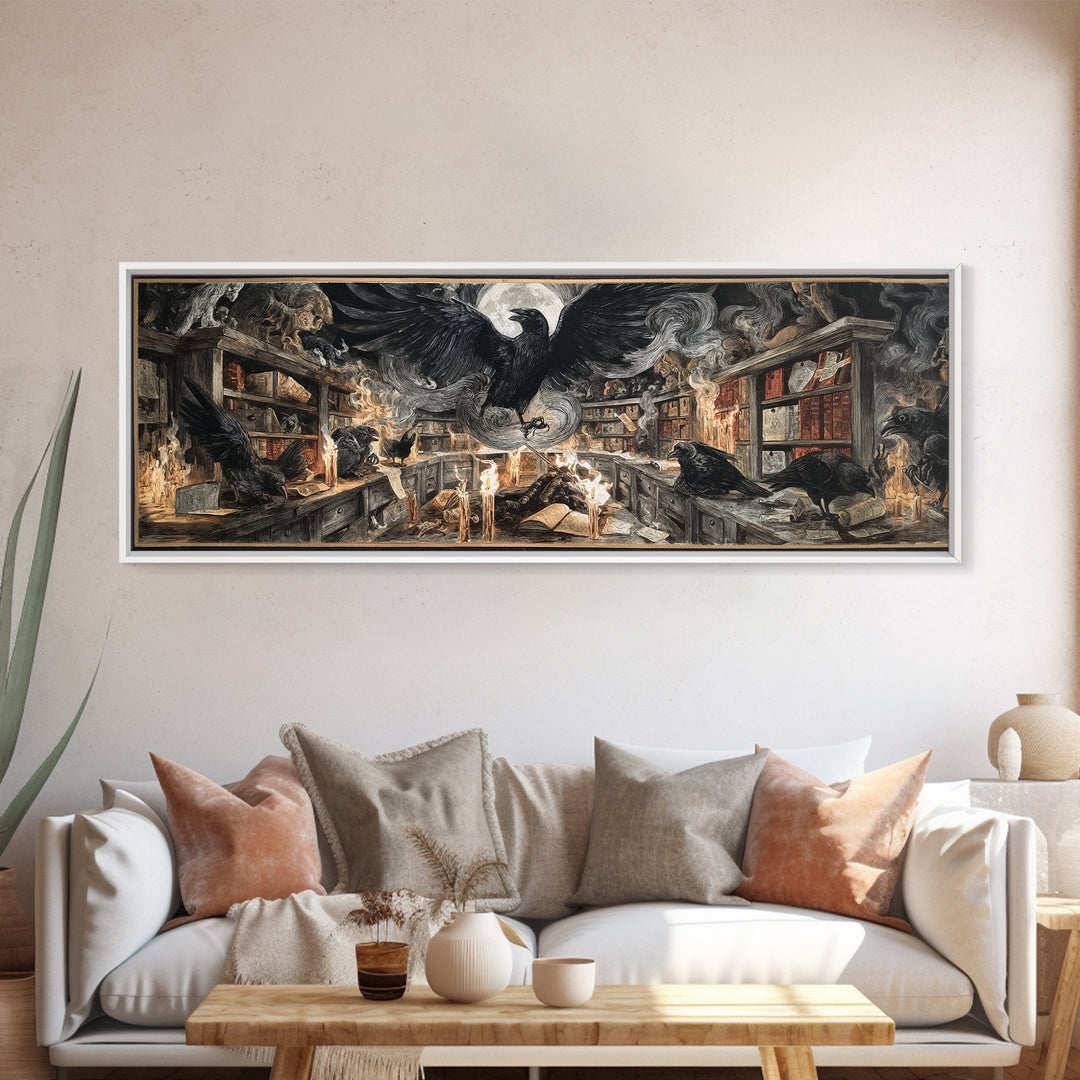 The Raven Post Office, Visionary Gothic Art, Extra Wide Wall Art, Macabre Wall Art, Framed Canvas Print, Halloween Wall Art