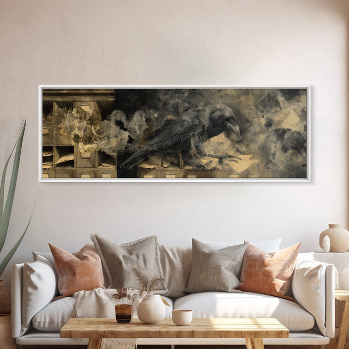 The Raven Post Office, Symbolist Dream Art, Extra Wide Wall Art, Macabre Wall Art, Framed Canvas Print, Halloween Wall Art