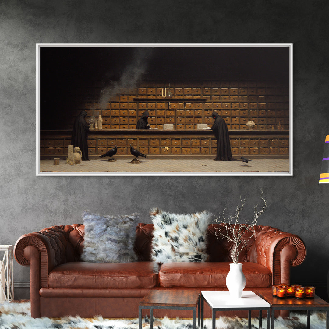 The Raven Post Office, Symbolist Gothic Landscape, Wide Panoramic Art, Macabre Wall Art, Framed Canvas Print, Halloween Wall Art