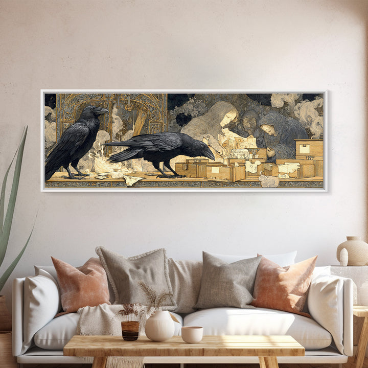 The Raven Post Office, Symbolist Death Art, Extra Wide Wall Art, Dark Halloween Decor, Framed Canvas Print, Halloween Wall Art