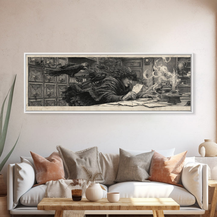 The Raven Post Office, Symbolist Etching Art, Extra Wide Wall Art, Dark Fantasy Wall Art, Canvas Print, Halloween Wall Art