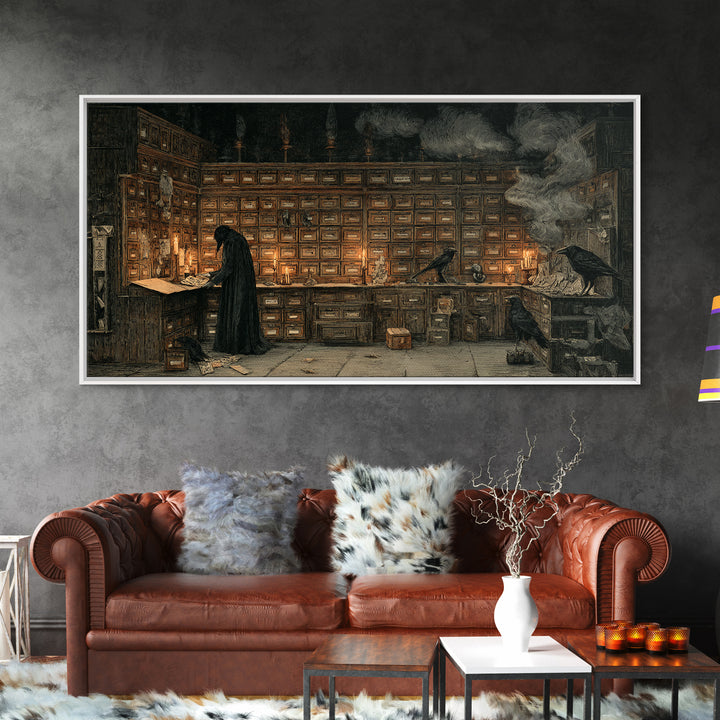 The Raven Post Office, Expressionist Nightmare Art, Wide Panoramic Art, Dark Fantasy Wall Art, Framed Canvas Print, Halloween Wall Art