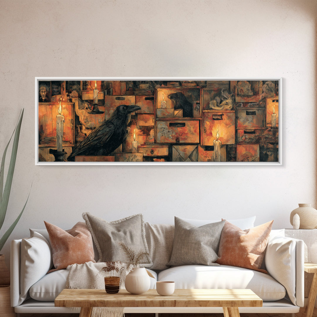 The Raven Post Office, Expressionist Gothic Art, Extra Wide Wall Art, Macabre Wall Art, Framed Canvas Print, Halloween Wall Art
