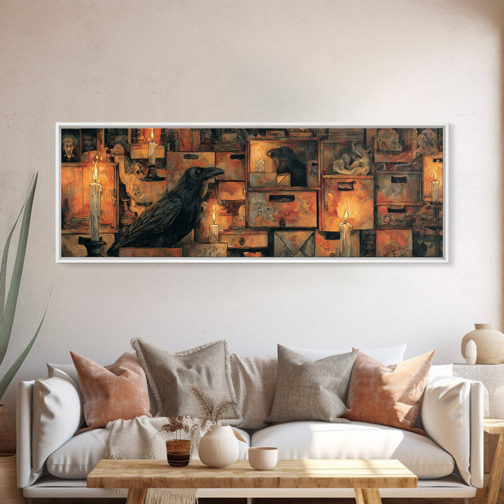 The Raven Post Office, Expressionist Gothic Art, Extra Wide Wall Art, Macabre Wall Art, Framed Canvas Print, Halloween Wall Art