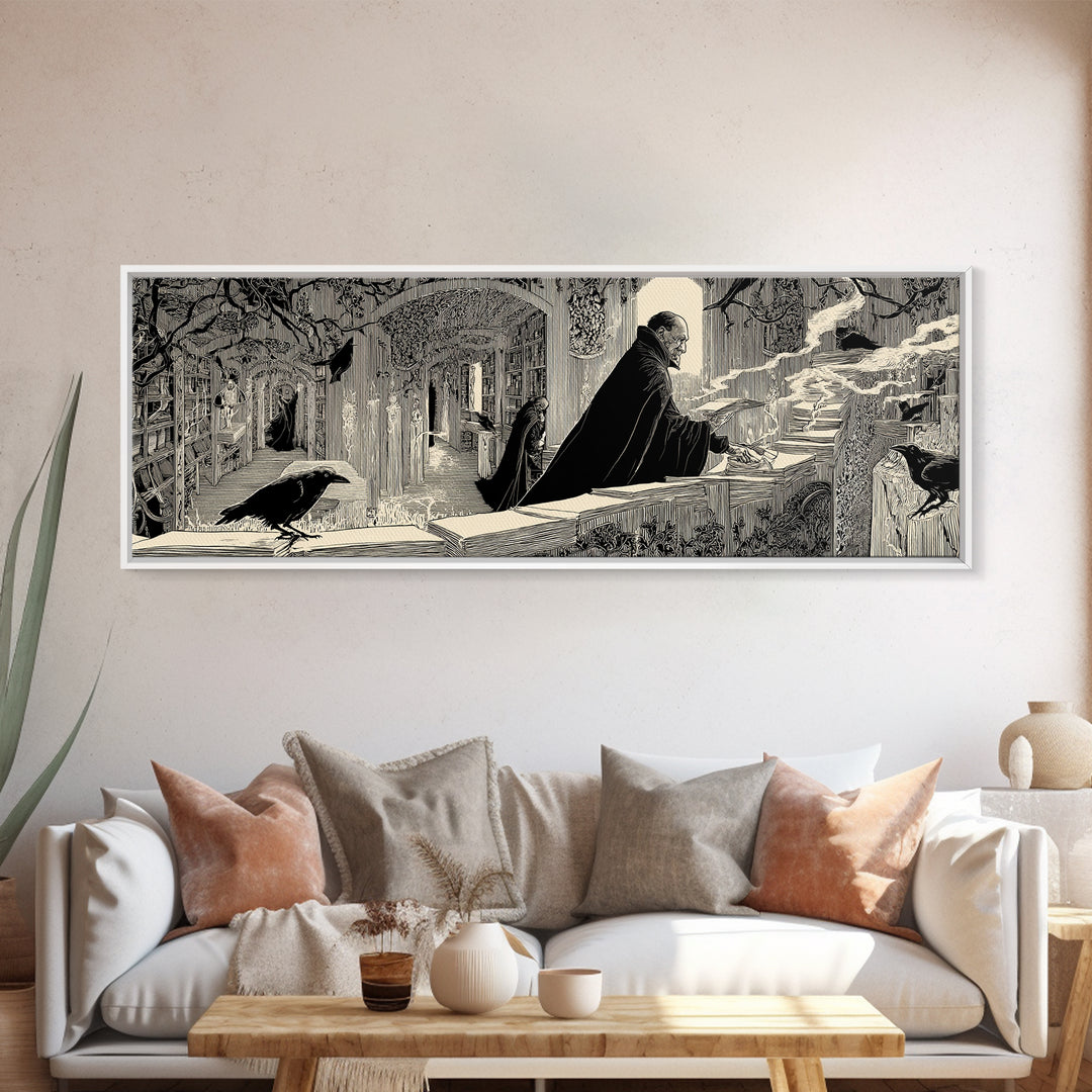 The Raven Post Office, Decadent Line Art, Extra Wide Wall Art, Macabre Wall Art, Framed Canvas Print, Halloween Wall Art