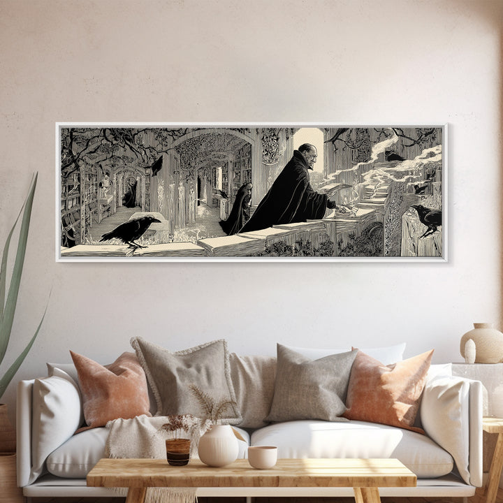 The Raven Post Office, Decadent Line Art, Extra Wide Wall Art, Macabre Wall Art, Framed Canvas Print, Halloween Wall Art