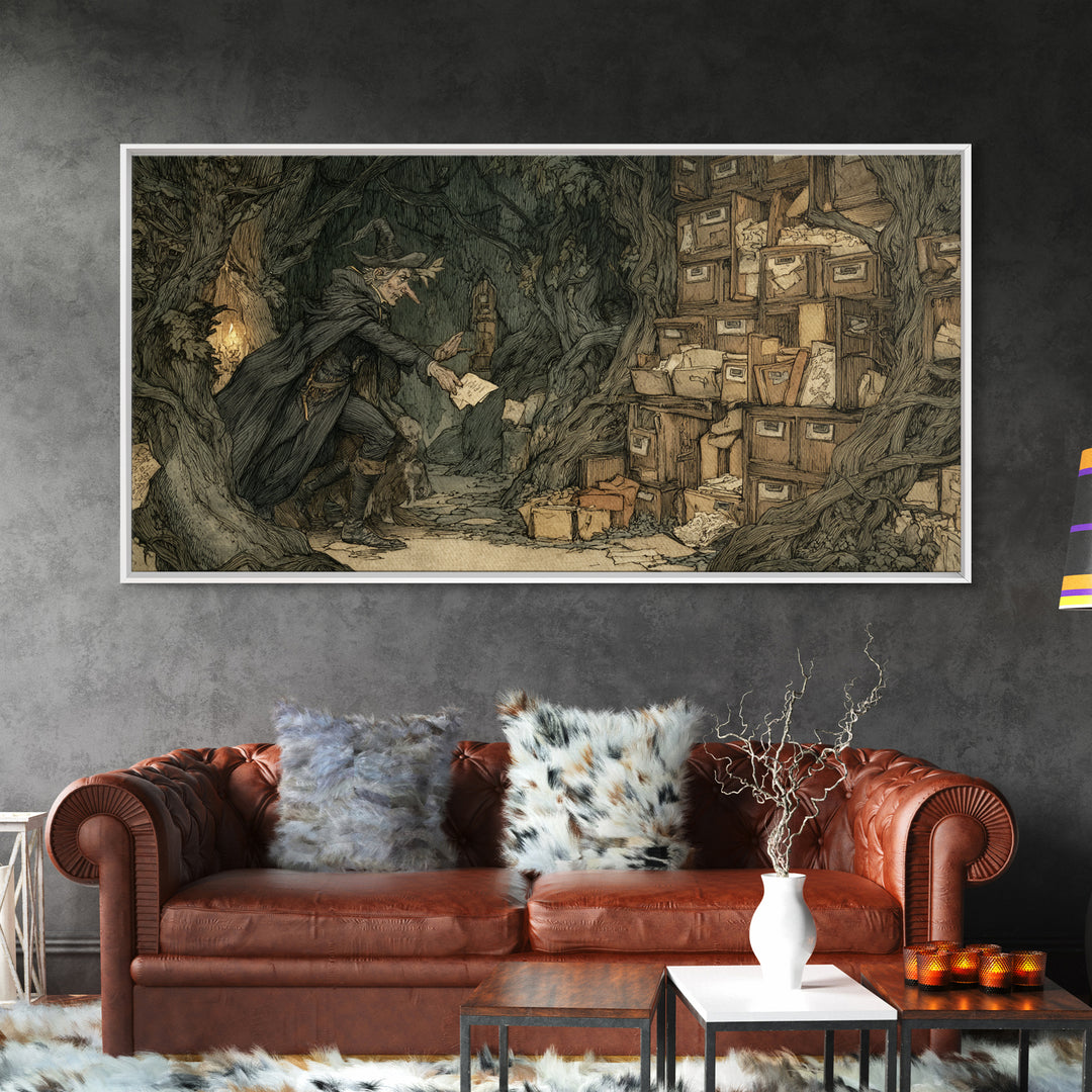 The Raven Post Office, Gothic Storybook Art, Wide Panoramic Art, Macabre Wall Art, Framed Canvas Print, Halloween Wall Art