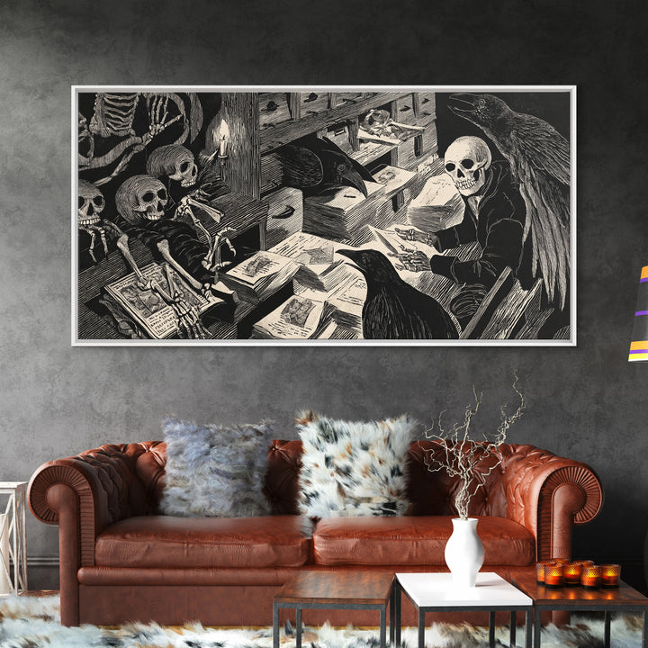 The Raven Post Office, Macabre Folk Print Art, Wide Panoramic Art, Gothic Horror Wall Art, Canvas Print, Halloween Wall Art