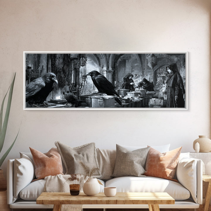 The Raven Post Office, Biomechanical Horror Art, Extra Wide Wall Art, Dark Halloween Decor, Framed Canvas Print, Halloween Wall Art