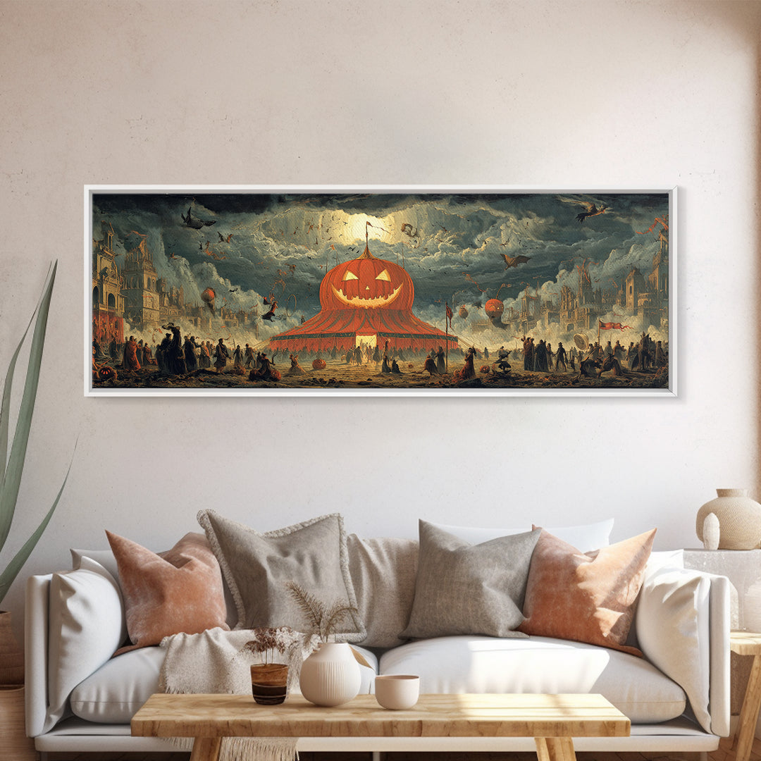The Jack-O'-Lantern Circus, Apocalyptic Romantic Art, Extra Wide Wall Art, Macabre Wall Art, Canvas Print, Halloween Wall Art