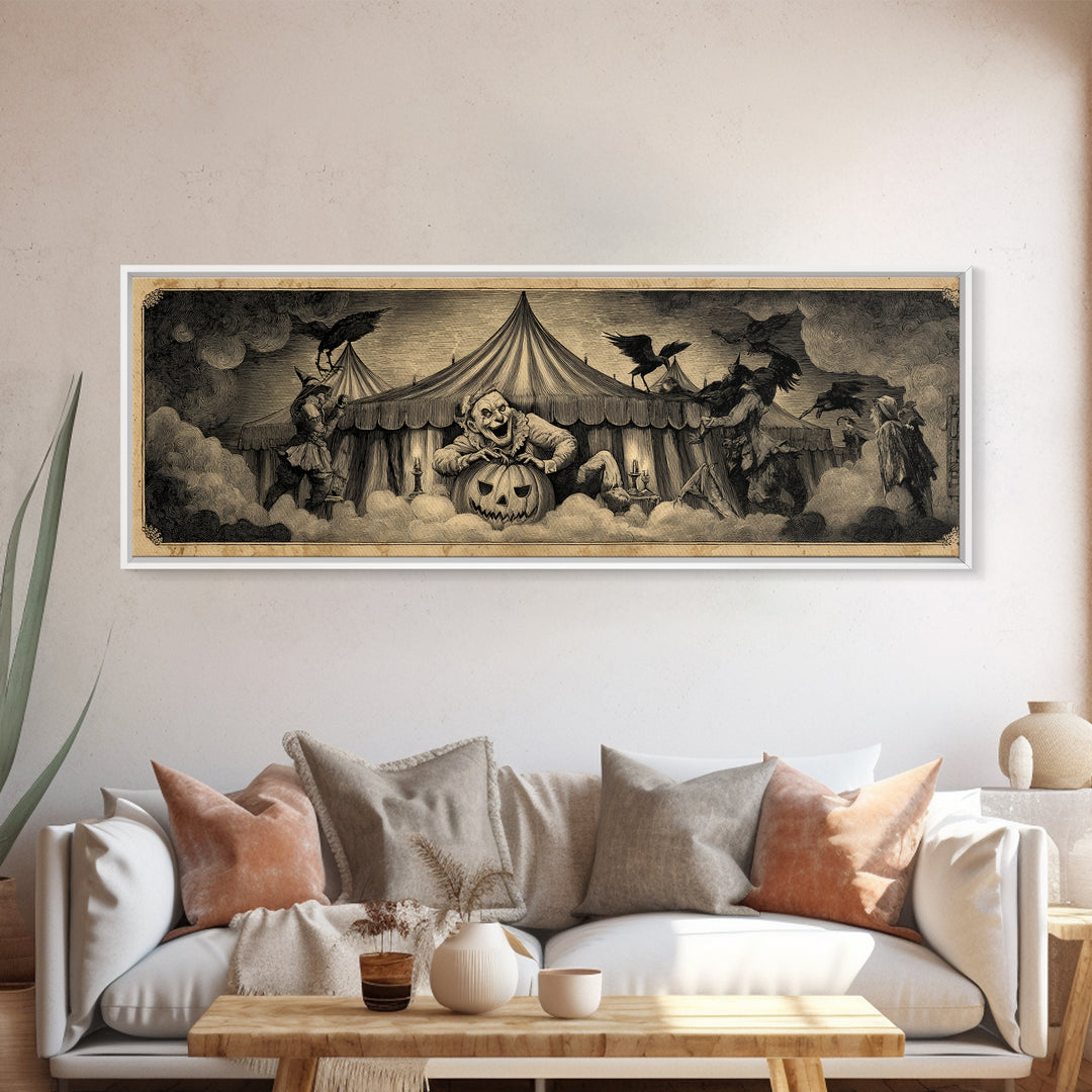 The Jack-O'-Lantern Circus, Expressionist Nightmare Art, Extra Wide Wall Art, Dark Halloween Decor, Framed Canvas Print, Halloween Wall Art