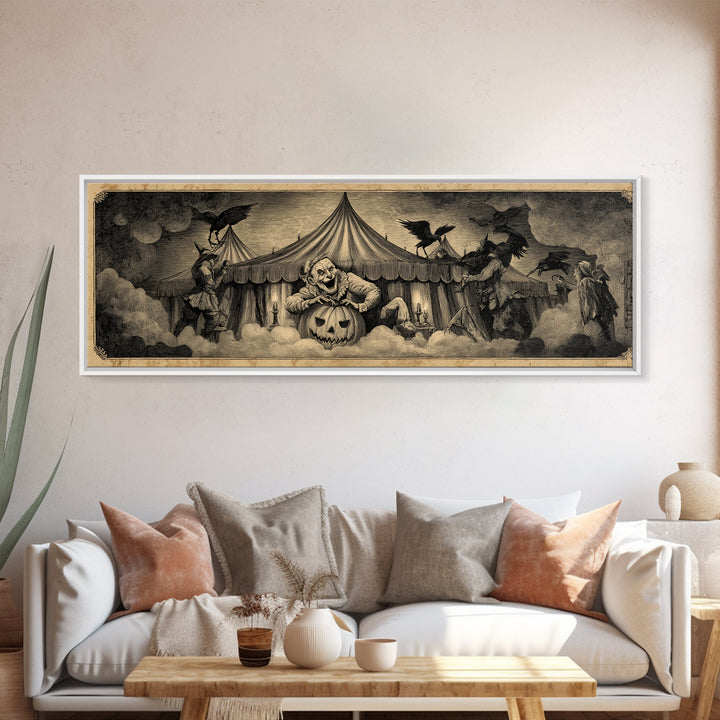 The Jack-O'-Lantern Circus, Expressionist Nightmare Art, Extra Wide Wall Art, Dark Halloween Decor, Framed Canvas Print, Halloween Wall Art