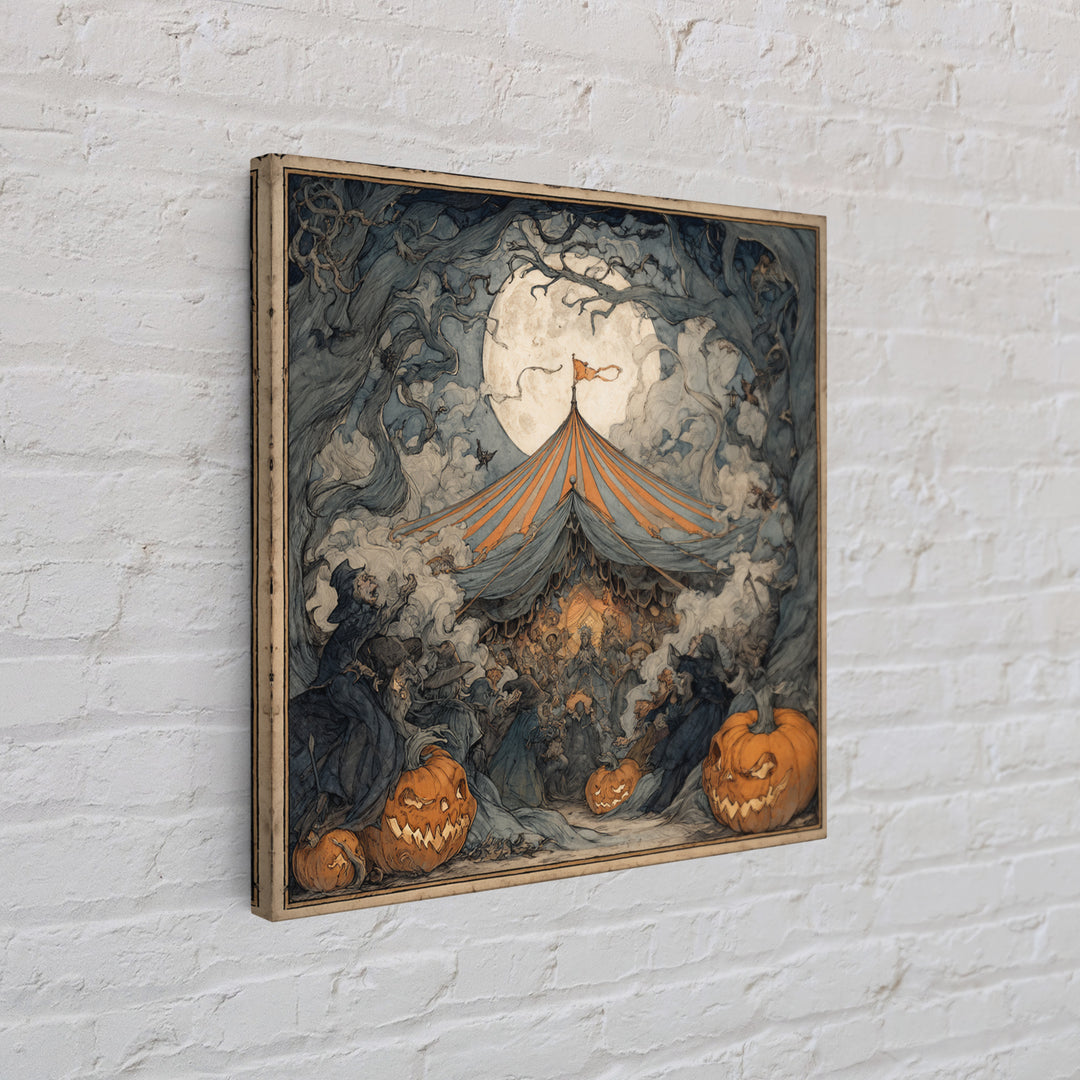 The Jack-O'-Lantern Circus, Gothic Storybook Art, Square Wall Art, Dark Halloween Decor, Framed Canvas Print, Halloween Wall Art