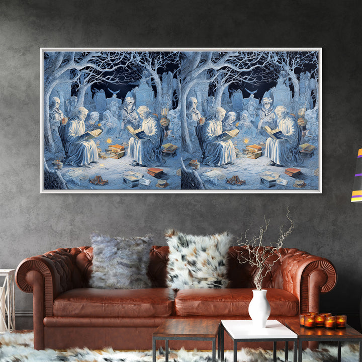 The Graveyard Book Club, Northern Renaissance Horror, Wide Panoramic Art, Macabre Wall Art, Framed Canvas Print