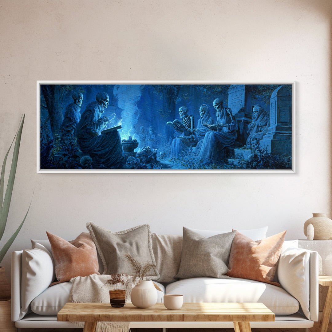 The Graveyard Book Club, Danse Macabre Art, Extra Wide Wall Art, Macabre Wall Art, Framed Canvas Print, Dark Fantasy Art