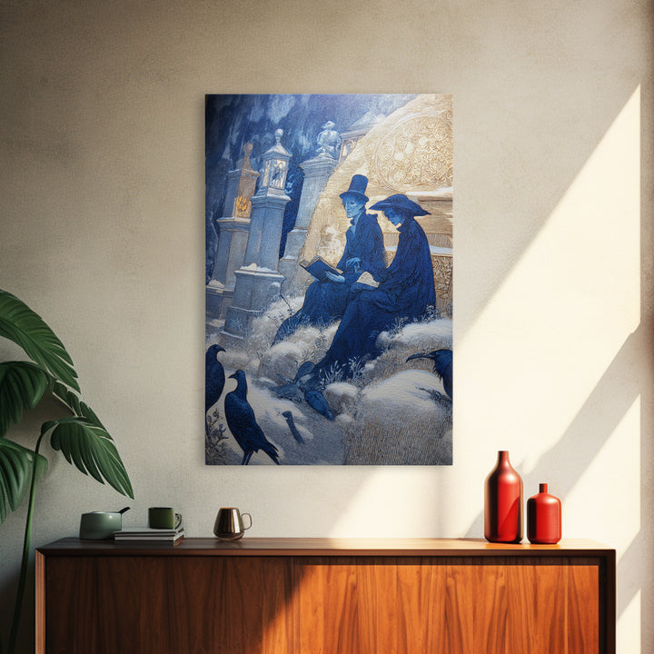 The Graveyard Book Club, Symbolist Death Art, Vertical Wall Art, Macabre Wall Art, Framed Canvas Print, Halloween Wall Art