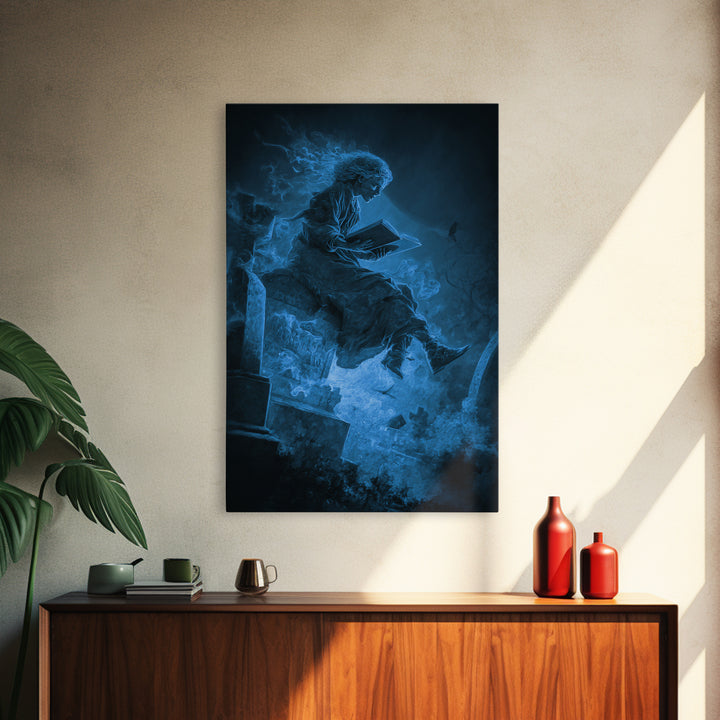 The Graveyard Book Club, Expressionist Gothic Art, Vertical Wall Art, Dark Halloween Decor, Framed Canvas Print, Halloween Wall Art