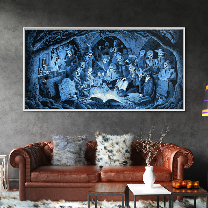 The Graveyard Book Club, Macabre Folk Print Art, Wide Panoramic Art, Macabre Wall Art, Canvas Print, Halloween Wall Art
