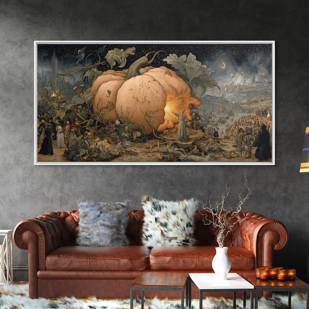 The Cosmic Pumpkin God, Northern Renaissance Horror, Wide Panoramic Art, Dark Fantasy Wall Art, Canvas Print, Halloween Wall Art