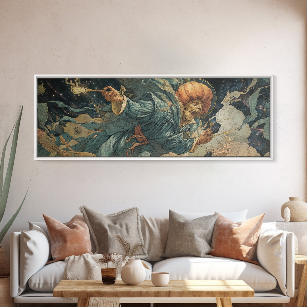 The Cosmic Pumpkin God, Dark Renaissance Art, Extra Wide Wall Art, Macabre Wall Art, Framed Canvas Print, Halloween Wall Art