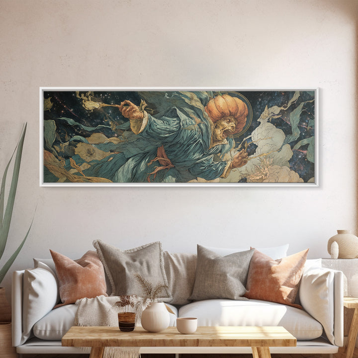 The Cosmic Pumpkin God, Dark Renaissance Art, Extra Wide Wall Art, Macabre Wall Art, Framed Canvas Print, Halloween Wall Art