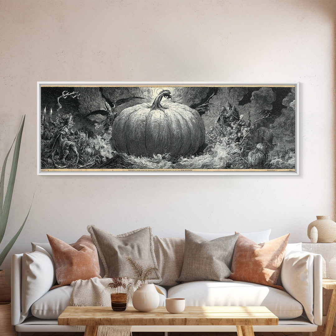 The Cosmic Pumpkin God, Renaissance Engraving Art, Extra Wide Wall Art, Macabre Wall Art, Framed Canvas Print, Halloween Wall Art