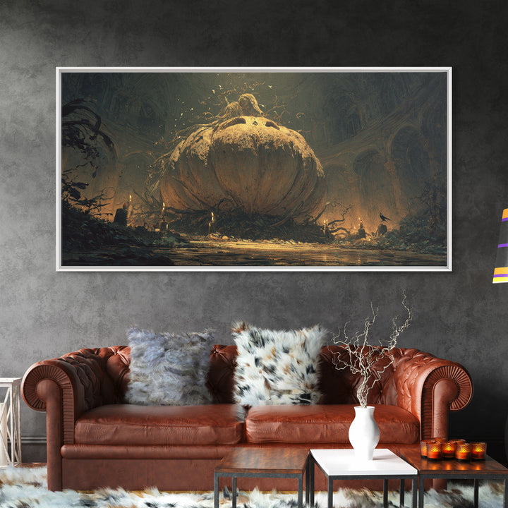 The Cosmic Pumpkin God, Dark Romantic Horror Art, Wide Panoramic Art, Gothic Horror Wall Art, Framed Canvas Print, Halloween Wall Art