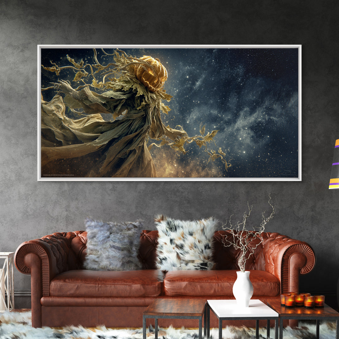 The Cosmic Pumpkin God, Visionary Gothic Art, Wide Panoramic Art, Dark Fantasy Wall Art, Framed Canvas Print, Halloween Wall Art