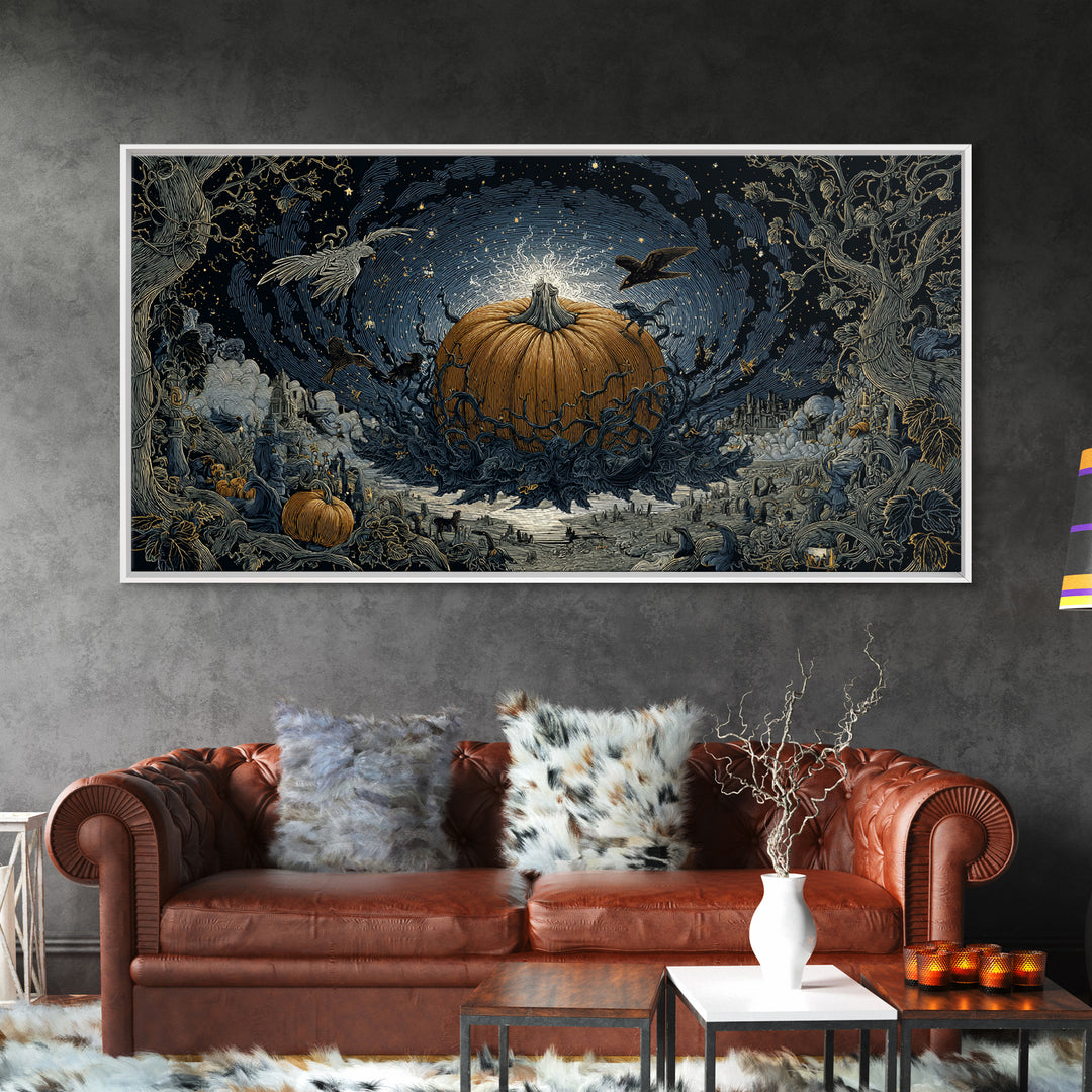 The Cosmic Pumpkin God, Romantic Gothic Landscape, Wide Panoramic Art, Macabre Wall Art, Framed Canvas Print, Halloween Wall Art